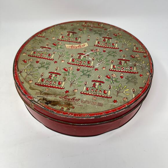 Vintage 30s Huylers Christmas Candy Tin Round Metal Primitive Cottage Farmhouse - Picture 3 of 15